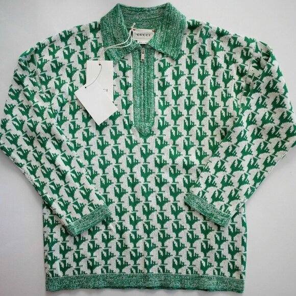 NWT Gucci Kids Half Zip Pullover Sweater In Green&White Size 6 - Picture 1 of 10